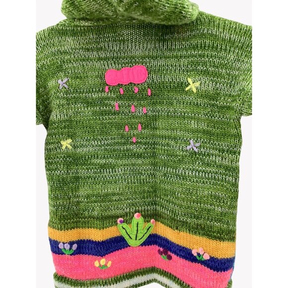 Handmade Peruvian Kids Wool Sweater Colorful Animal Embroidery & Hood Size 8 - Picture 3 of 5